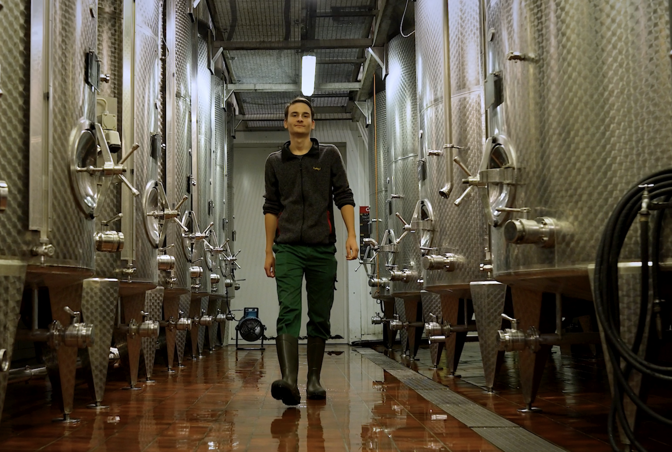 Arnaud Franzé, apprenti caviste, marche dans une cave